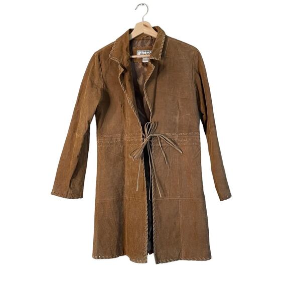 y2k vintage 00s brown suede paris blue boho western trench coat size large